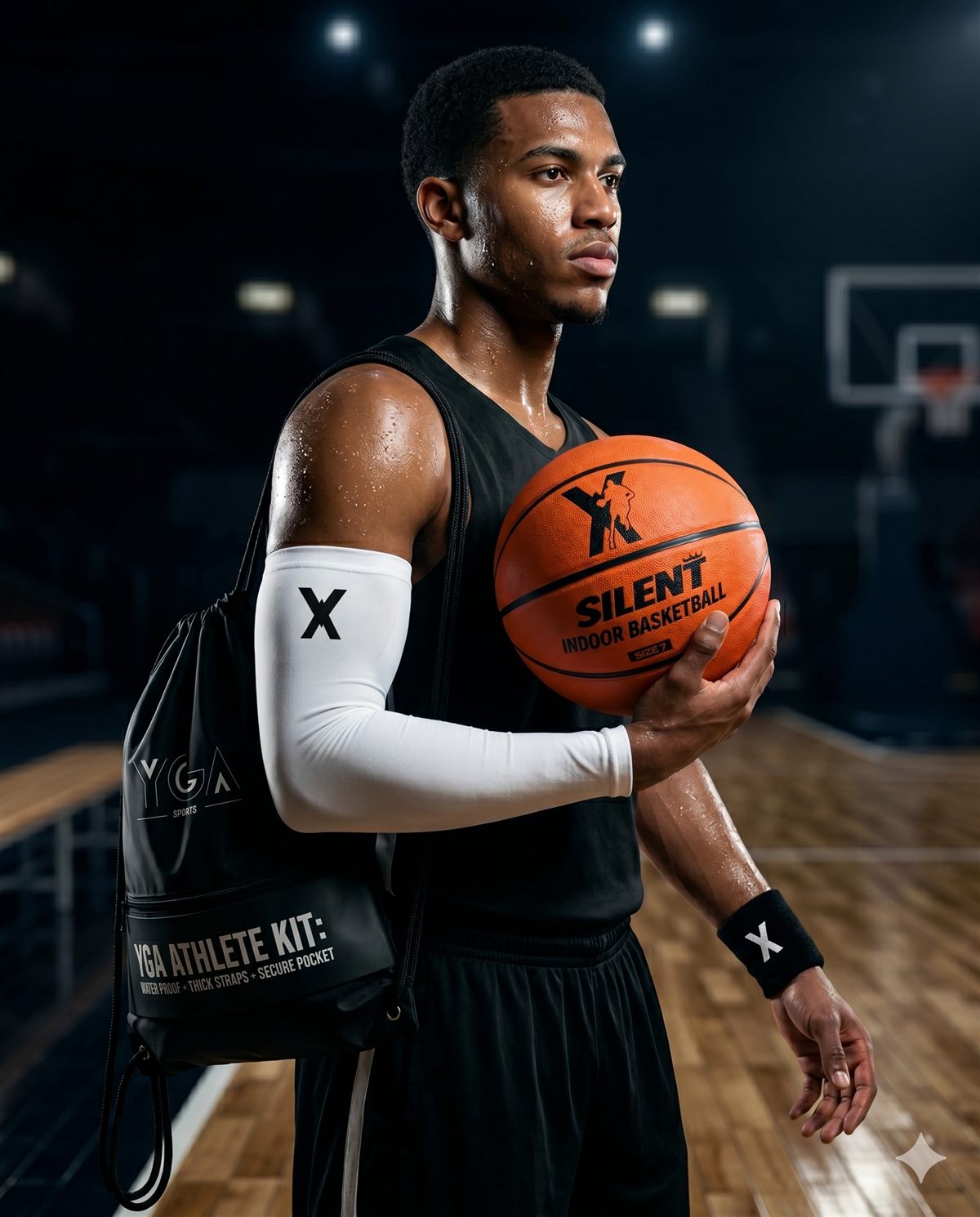 YGA Athlete Kit - player holding the Silent Basketball with white shooting sleeve, black wristband and YGA drawstring bag