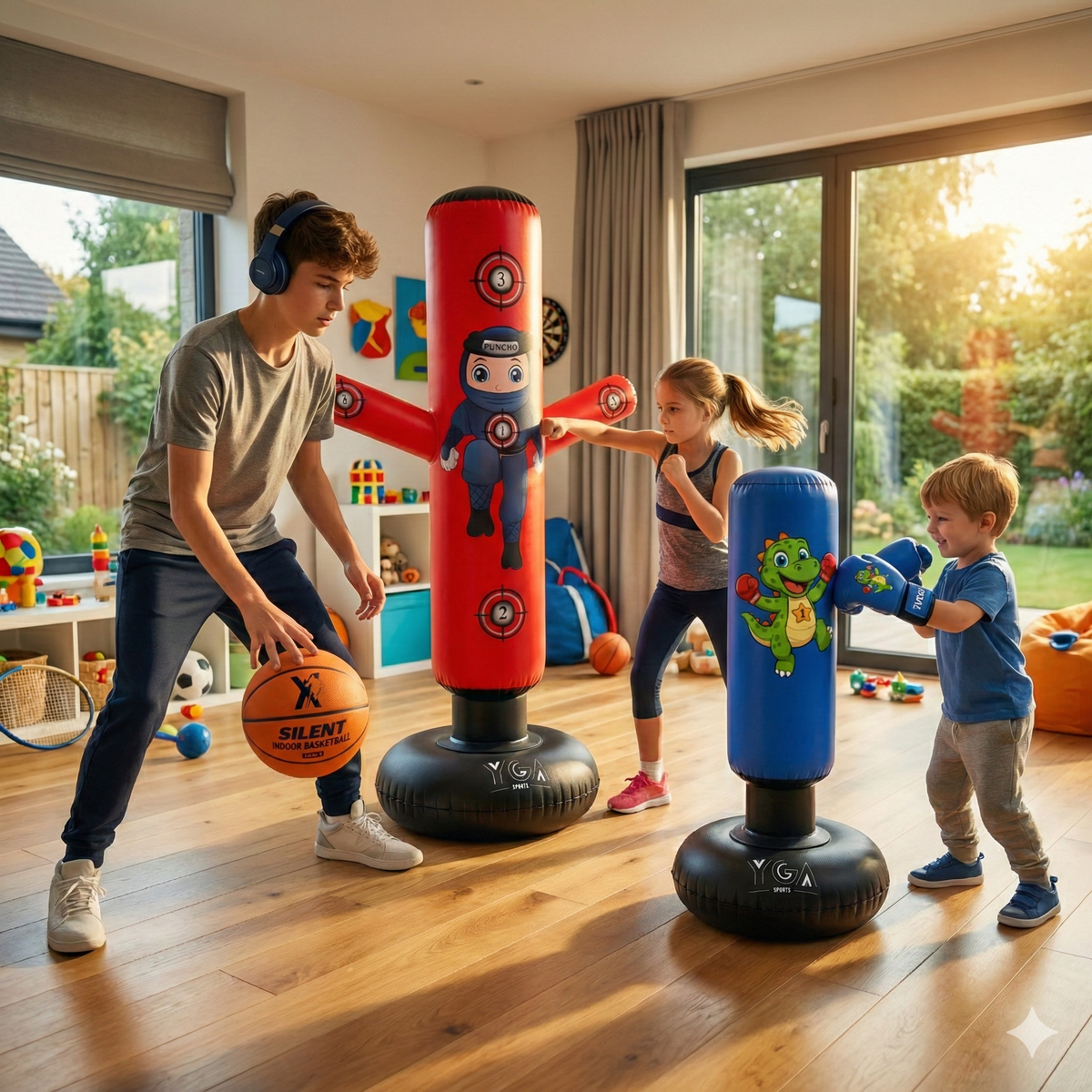 Punching bag for kids ages 3-12. Puncho and Chompy Kids Punching Bag. Silent Basketball for all ages