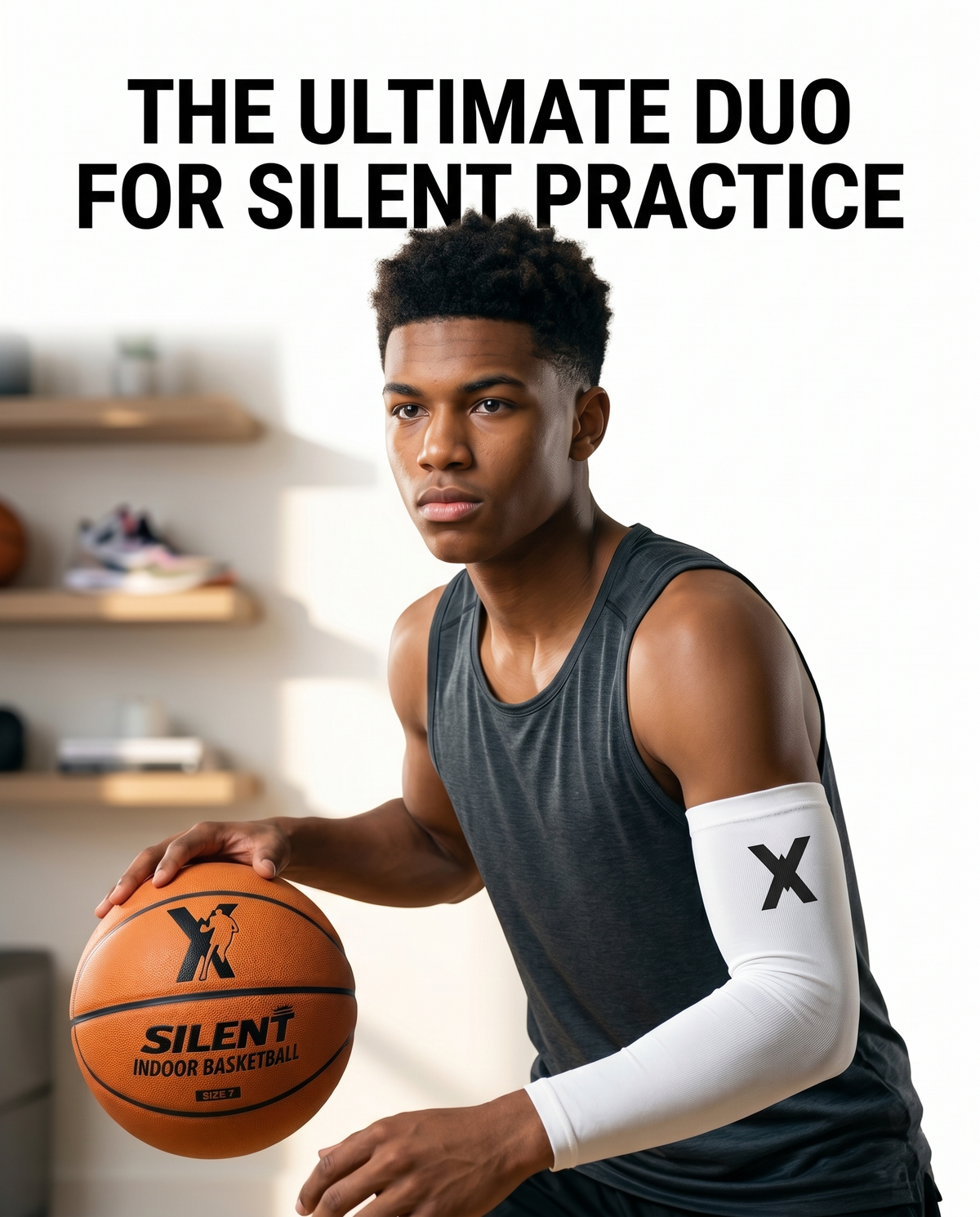 Teen dribbling a YGA Silent Basketball indoors while wearing a white YGA compression arm sleeve