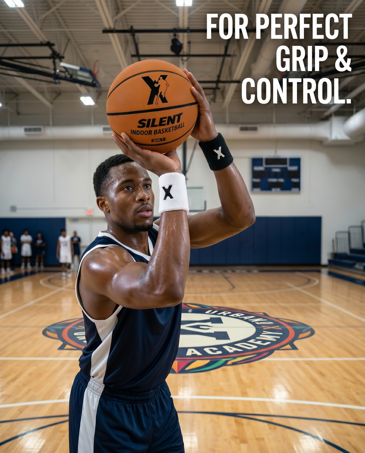 Player shooting on an indoor court wearing YGA wristbands for grip and sweat control