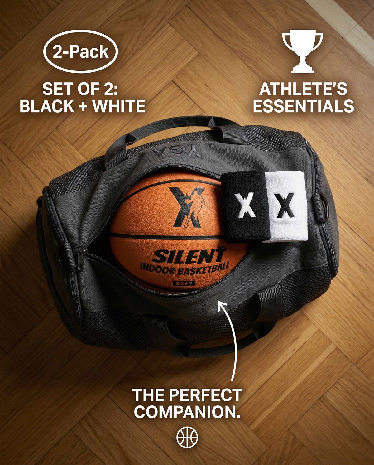YGA wristband 2-pack in black and white beside a YGA Silent Basketball and the athlete drawstring bag