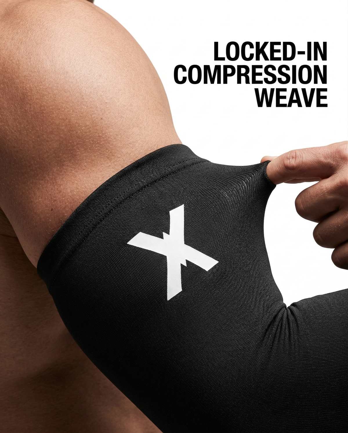 Close-up of the YGA compression arm sleeve stretched over an elbow, showing its locked-in compression weave
