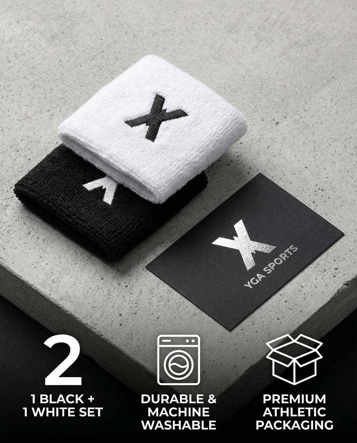 YGA wristband 2-pack, one black and one white, machine washable and boxed in premium athletic packaging