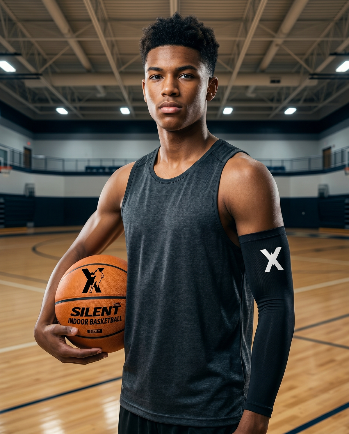 Basketball player on court holding a YGA Silent Basketball, wearing a black YGA arm sleeve
