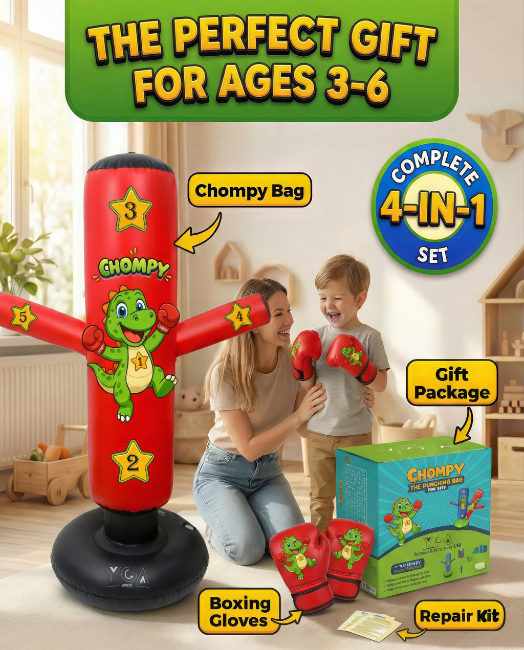 CHOMPY the Inflatable Punching Bag for Kids 3-8