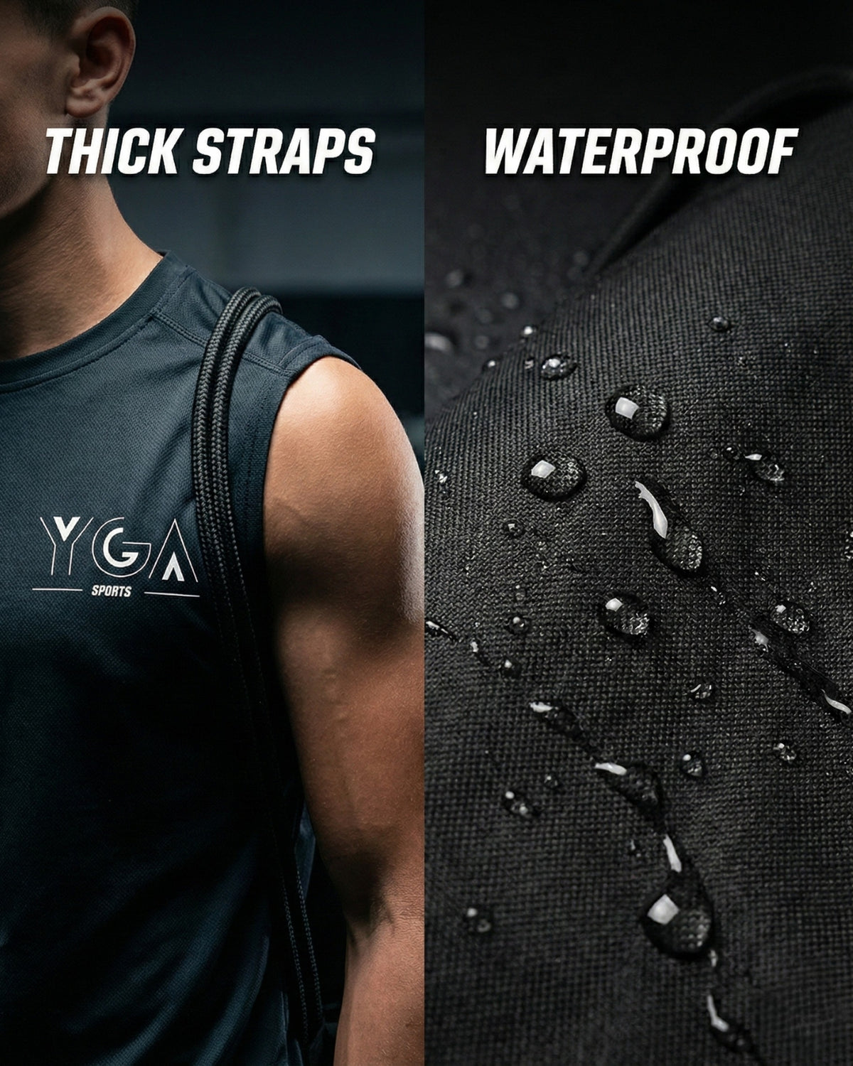 Close-up of the YGA drawstring bag's thick shoulder straps and water beading on its waterproof outer fabric