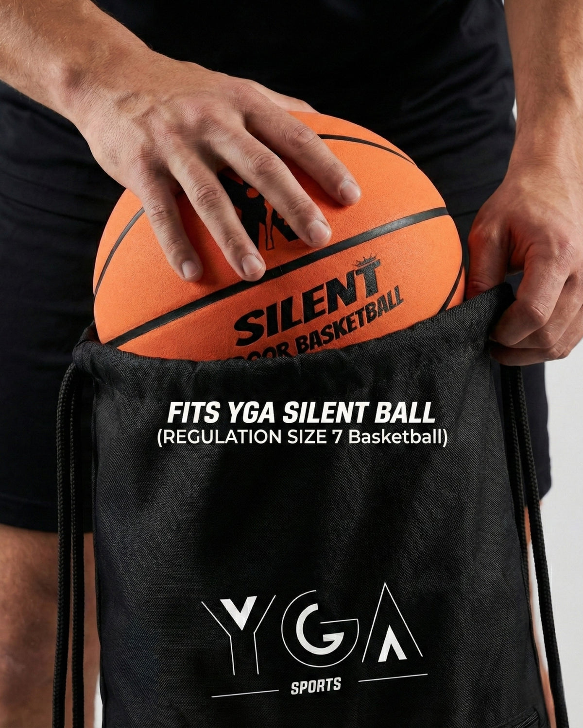 YGA drawstring bag open to show it fits a regulation size 7 YGA Silent Basketball