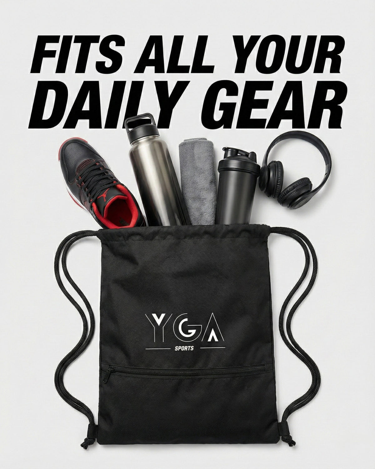 YGA drawstring bag holding a water bottle, towel, shoes and headphones - fits a full day of training gear
