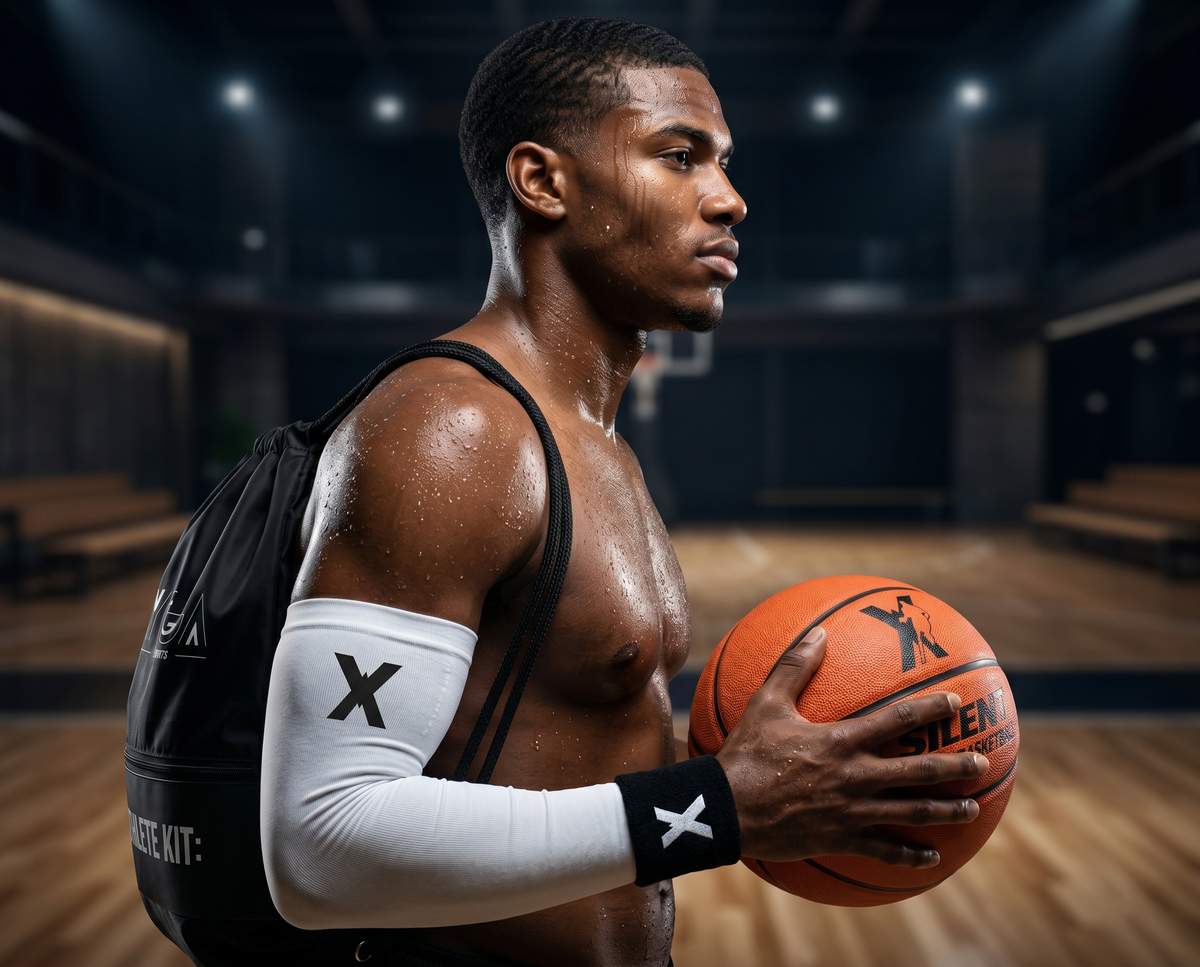 Basketball player in a gym wearing a white YGA arm sleeve and wristband, holding a ball with the kit bag on his back