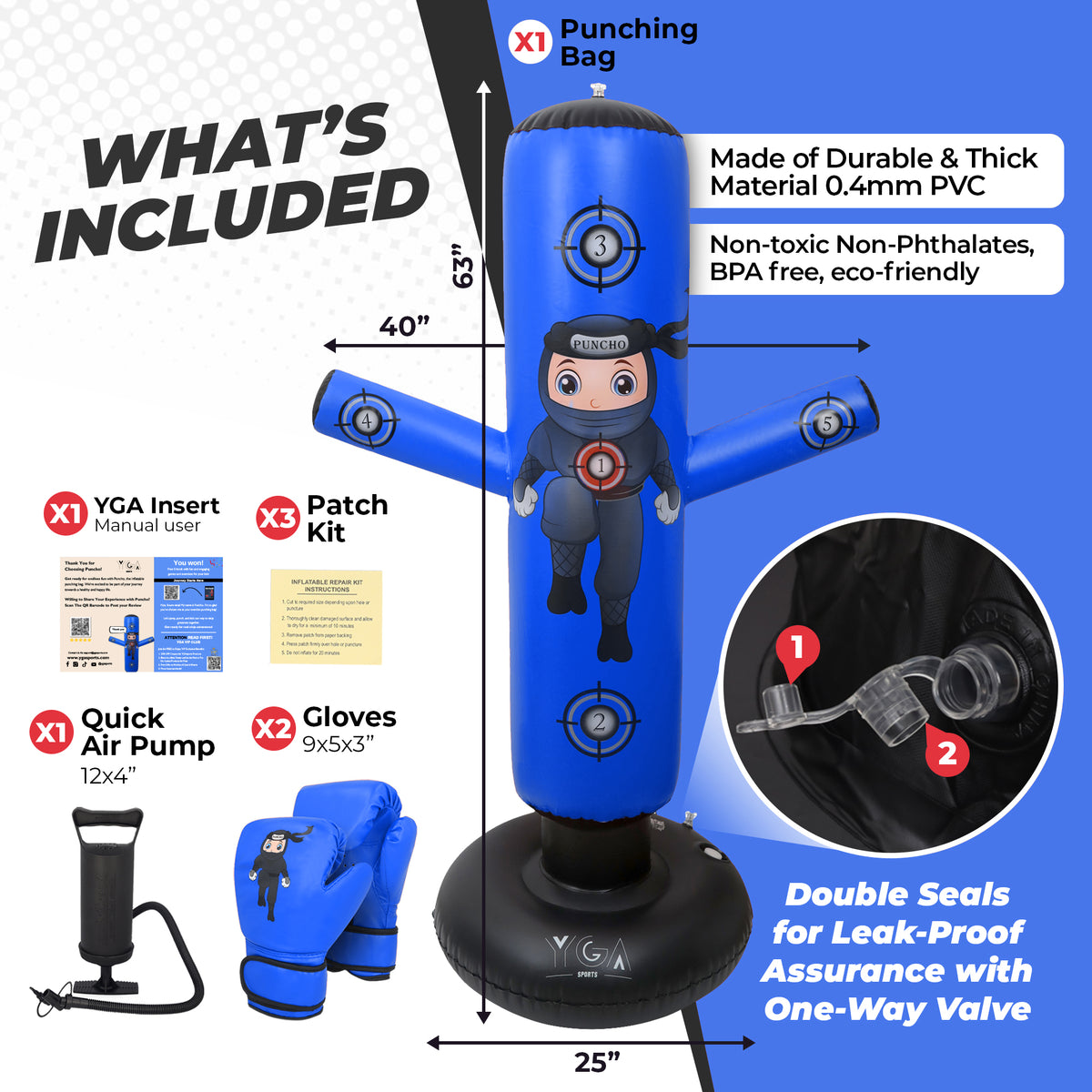 Blue punching bag with included items on a white background