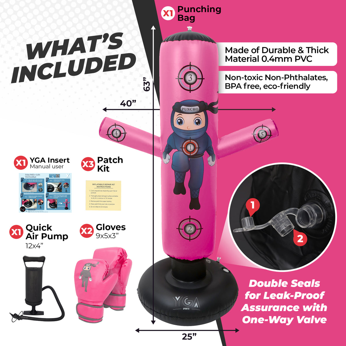 Pink inflatable punching bag with included accessories on a white background