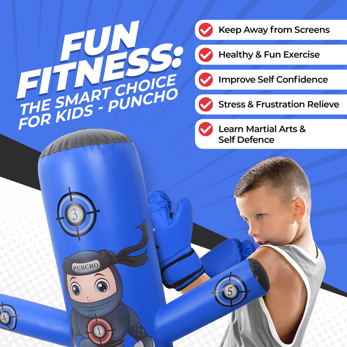 Blue boxing glove with cartoon character and child punching it, promoting 'Fun Fitness' for kids.