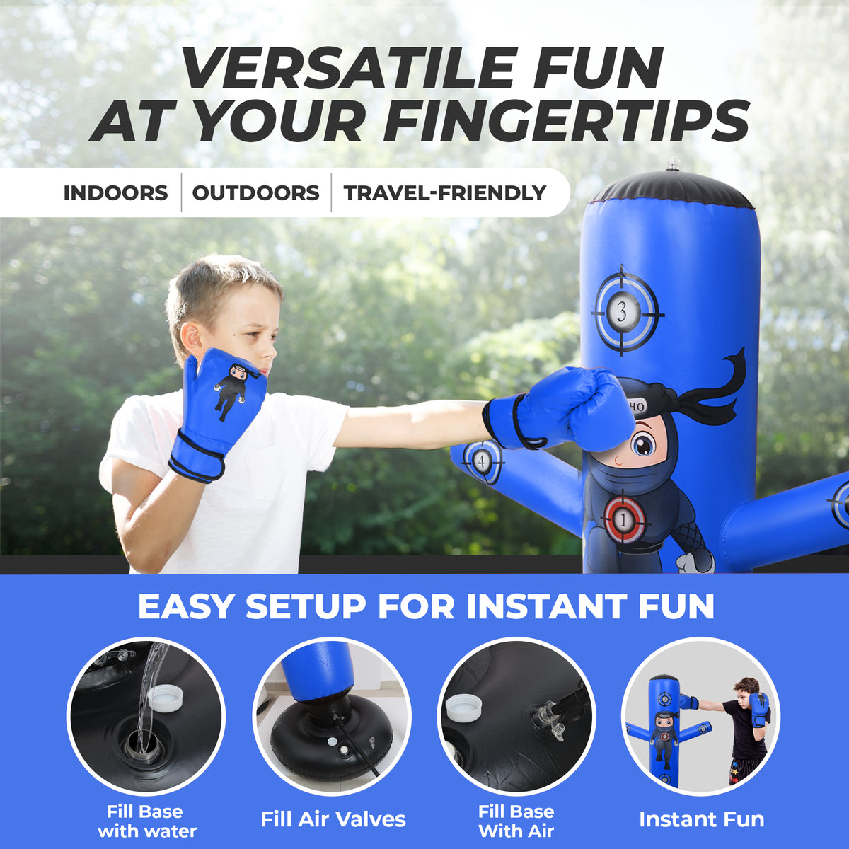 Child using a blue punching bag with text highlighting features like versatility, setup ease, and suitability for indoor, outdoor, and travel use.