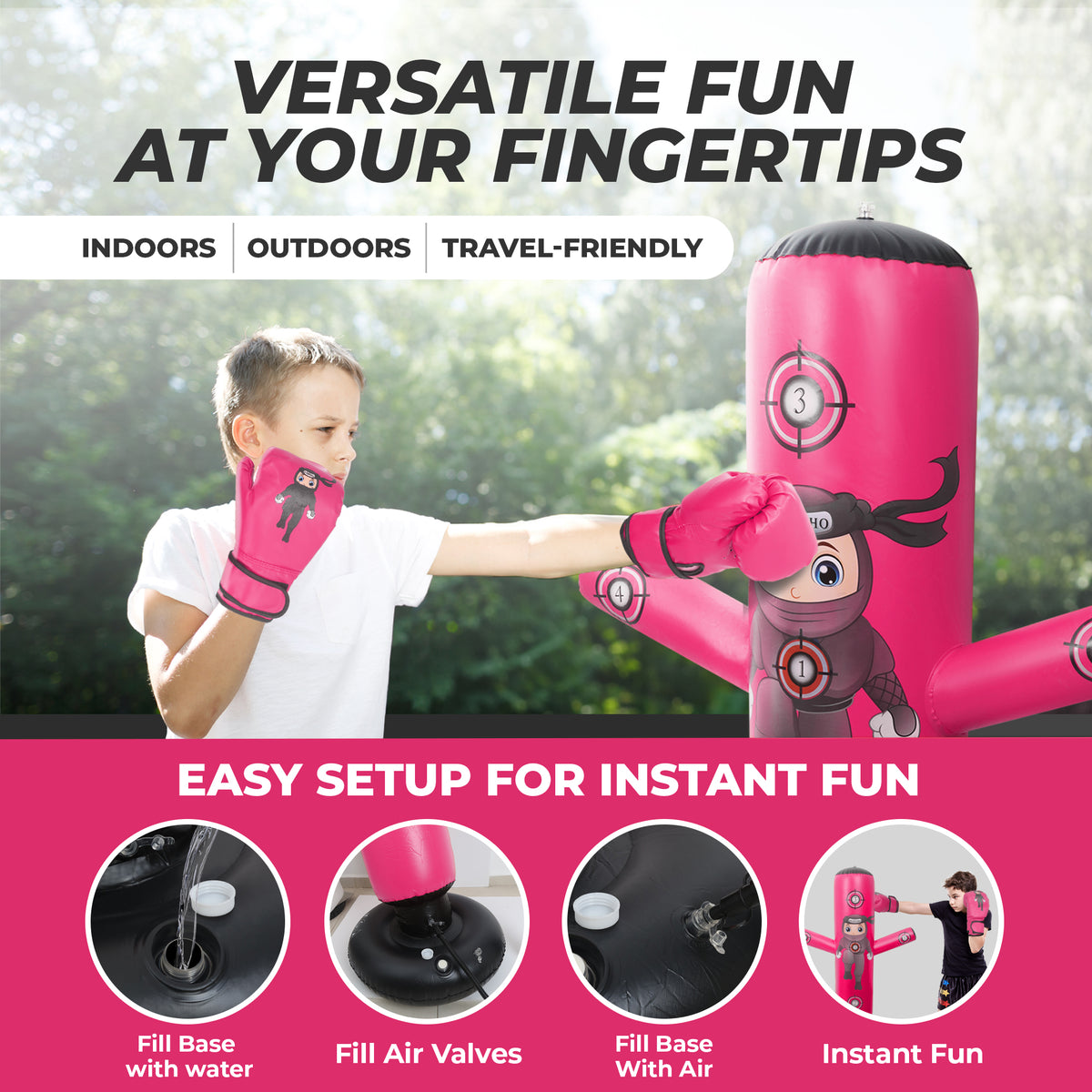 Pink inflatable punching bag with a child wearing gloves, surrounded by text about its features.