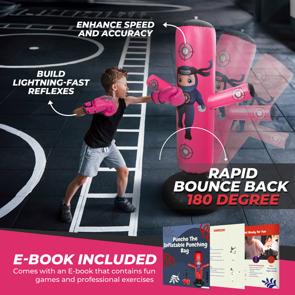 Child punching a pink inflatable punching bag with text highlighting features on a gym floor.