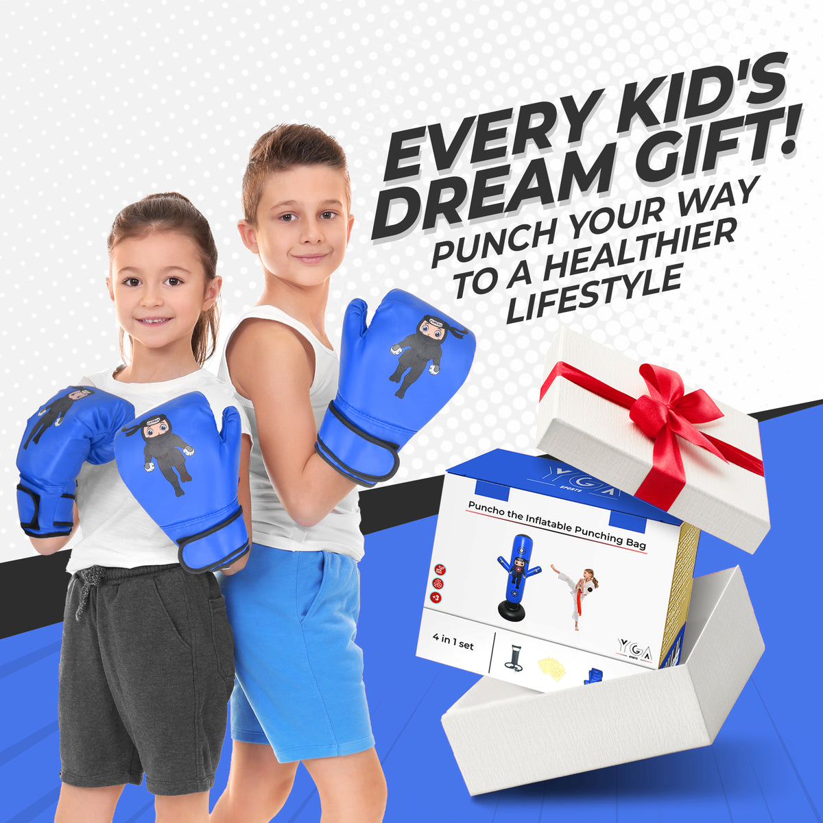Two children wearing blue boxing gloves with a punching bag set and gift box on a white background.