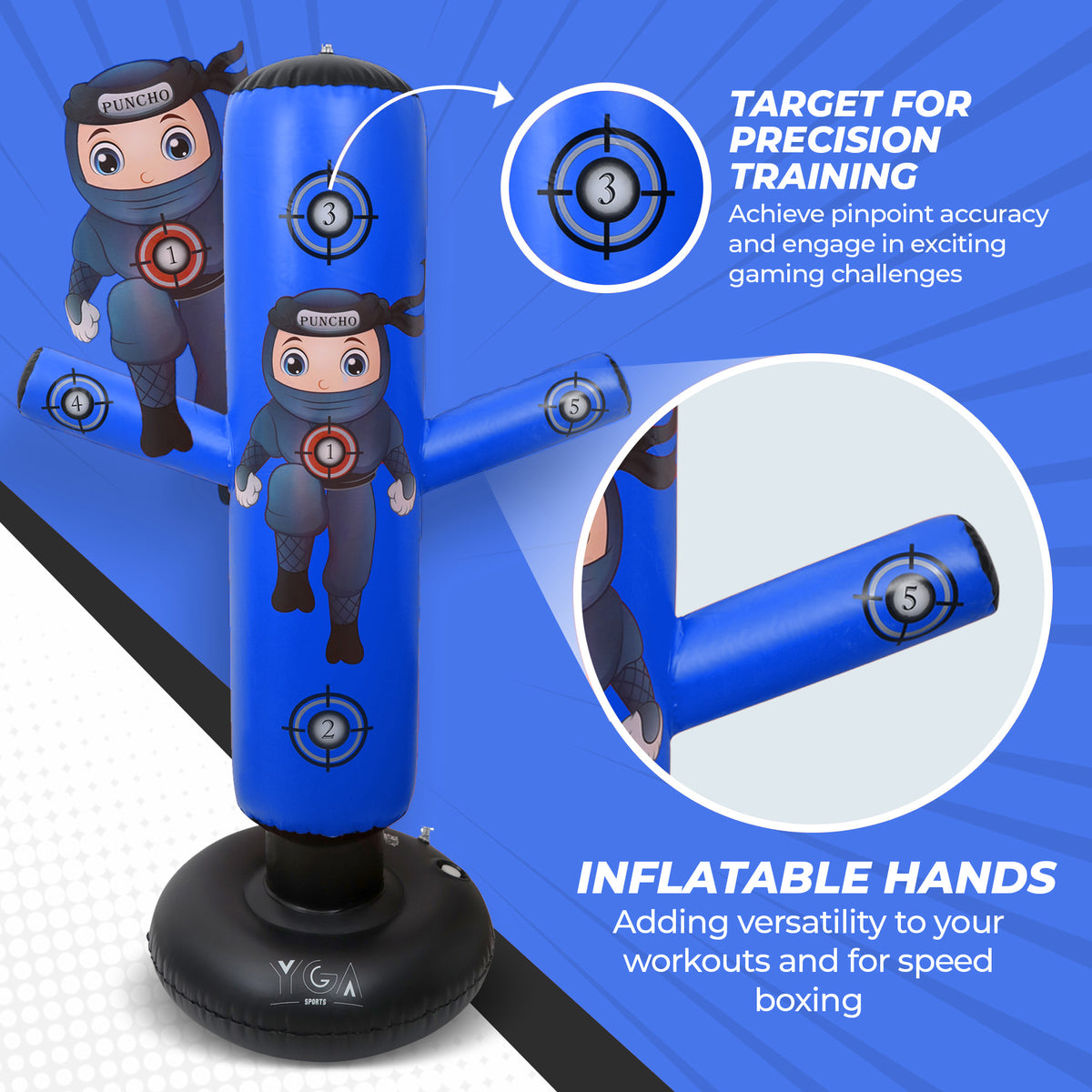 Blue inflatable punching bag with cartoon character and target design on a blue background