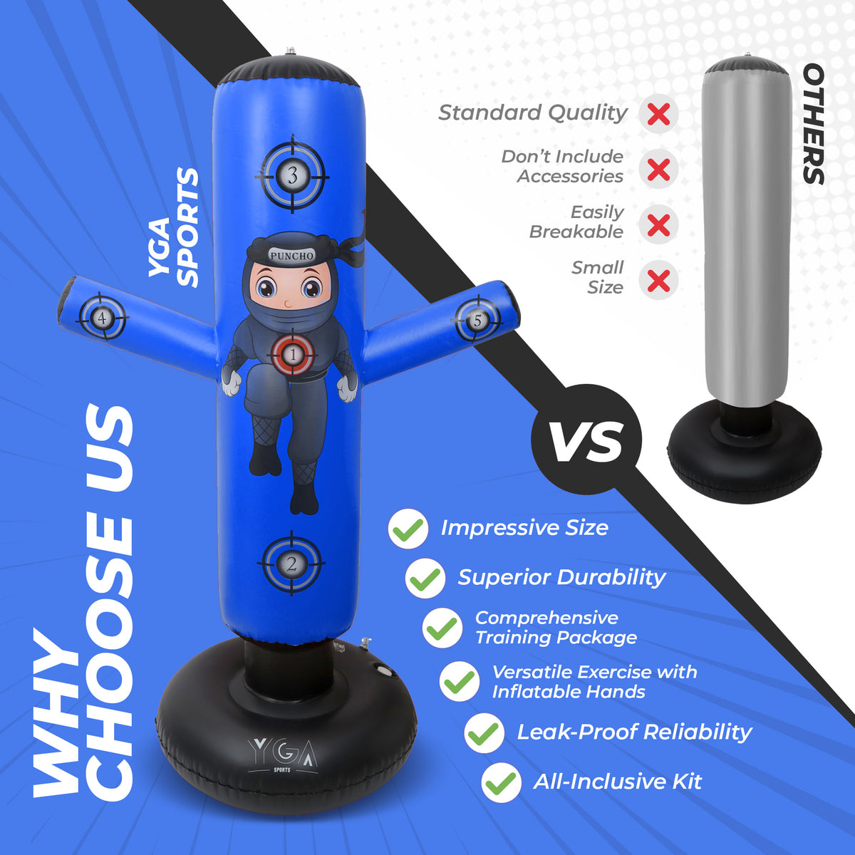 Blue inflatable punching bag with cartoon character on a blue background, comparing to a gray punching bag.