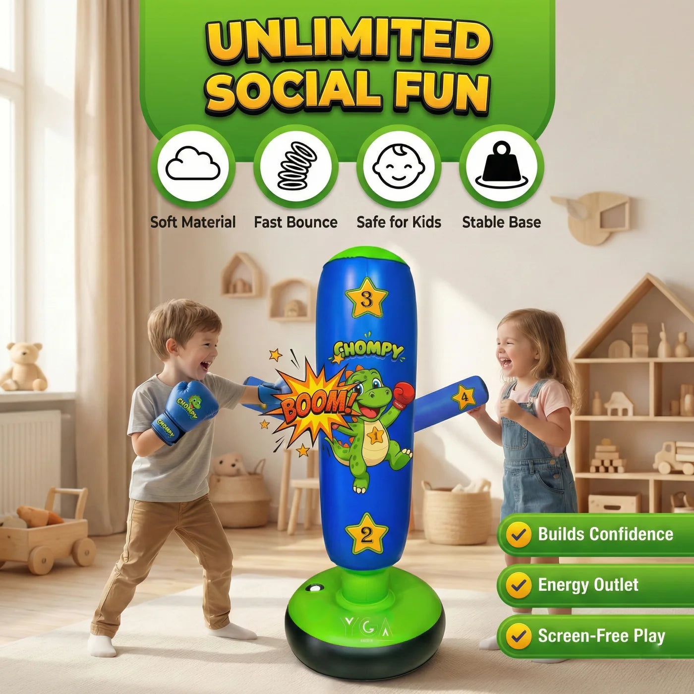 Two kids boxing the blue Chompy dino punching bag together - soft material, fast bounce and stable base, safe for kids