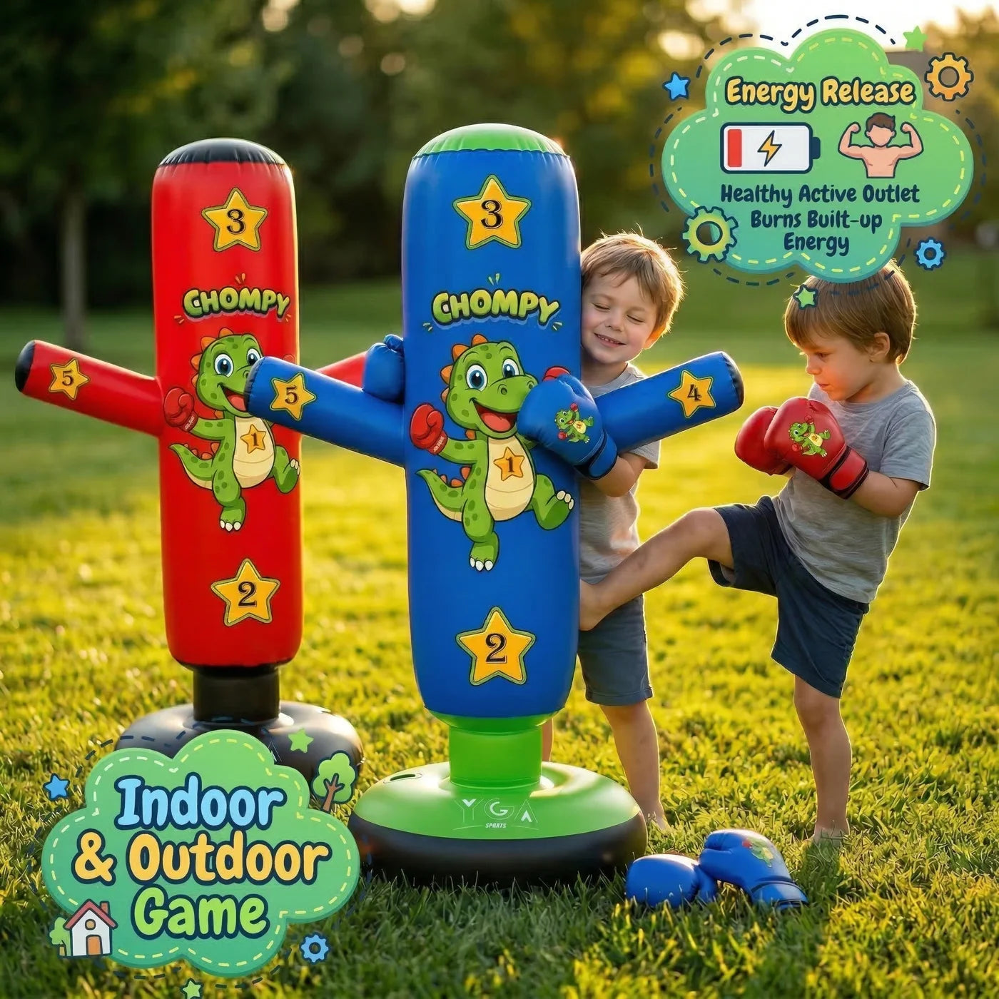 Two brothers playing outdoors with red and blue Chompy punching bags - indoor and outdoor energy release