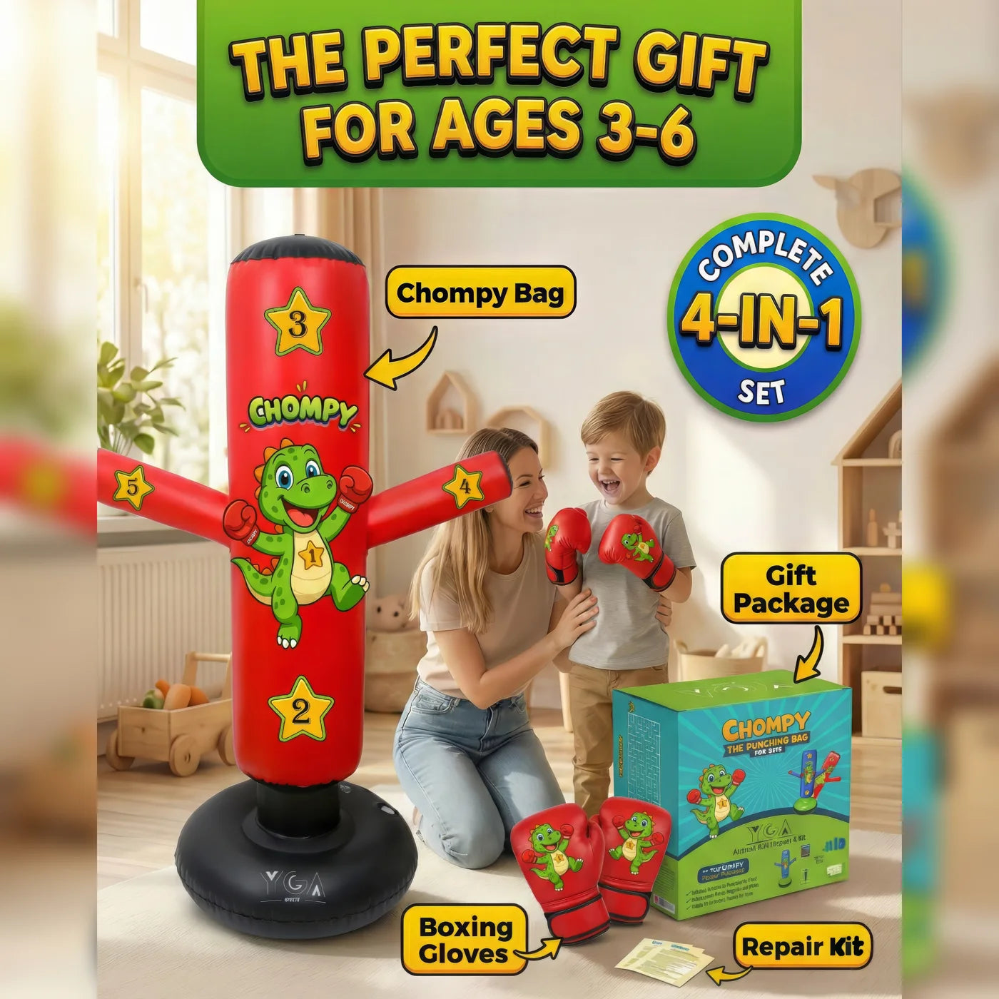 Chompy 4-in-1 gift set infographic for ages 3-6 - dino bag, boxing gloves, gift package and repair kit