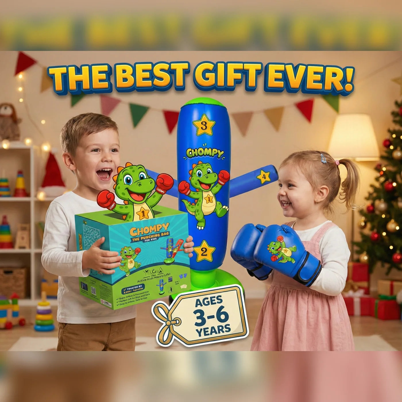 The best gift ever - boy and girl unboxing their Chompy dino punching bag set, for ages 3-6