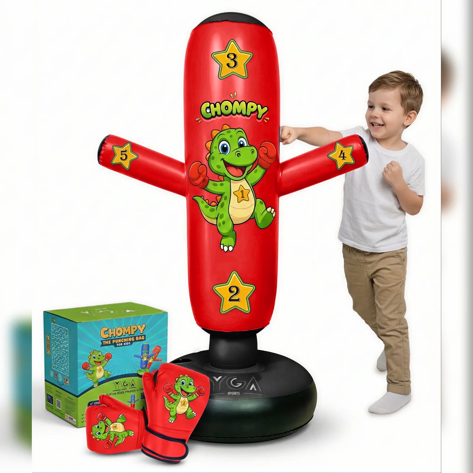 Chompy kids punching bag full set in red - 48 inch inflatable dino bag for ages 3-6 with dino boxing gloves and gift box