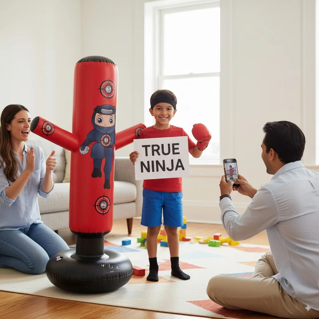 Boy in Puncho boxing gloves holding a TRUE NINJA sign next to his red Puncho inflatable punching bag at home