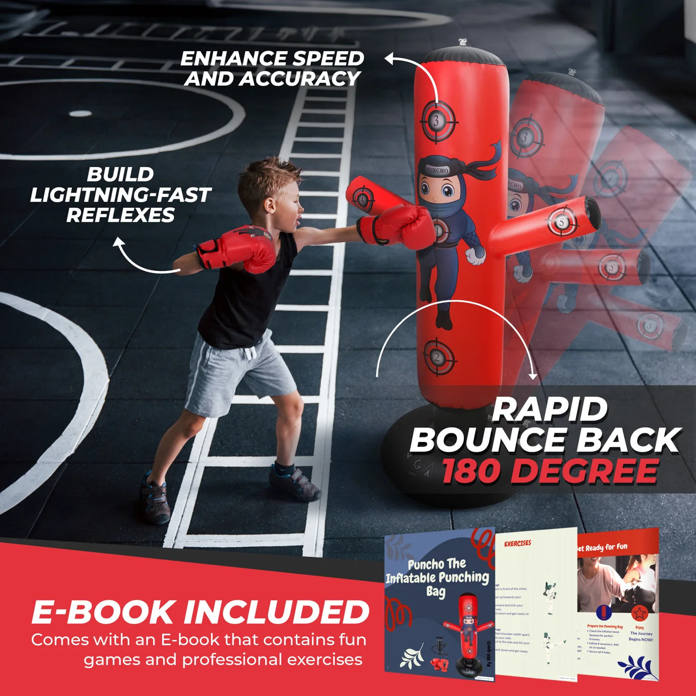Training infographic - Puncho builds lightning-fast reflexes with 180-degree rapid bounce-back, free training eBook included