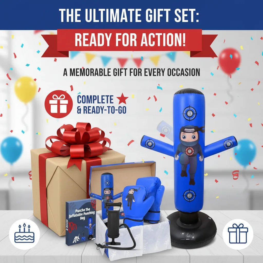 Puncho ultimate gift set in blue - complete ready-to-play birthday gift box with bag, gloves, pump and eBook
