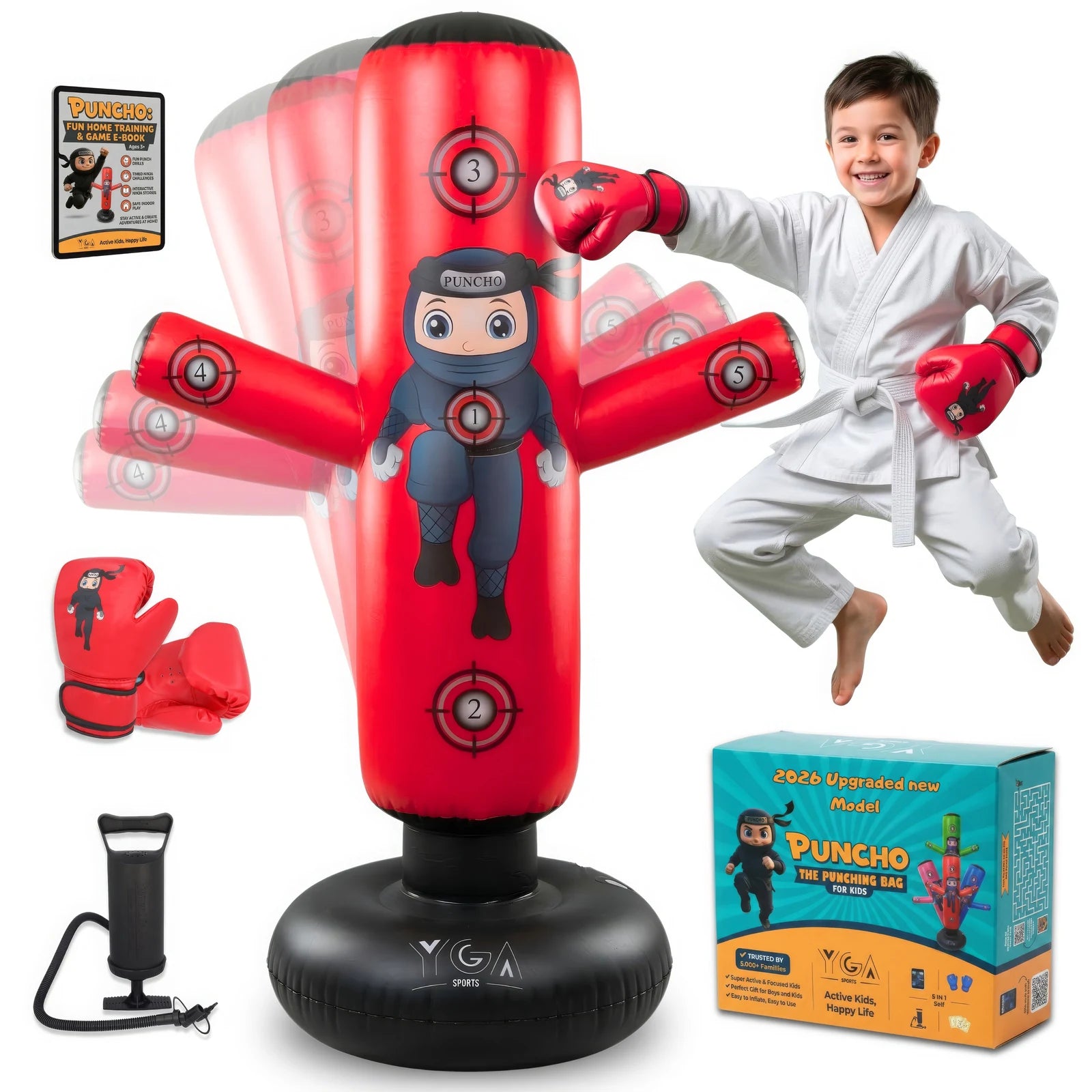 Puncho kids punching bag full set in red - 63 inch inflatable ninja bag with boxing gloves, air pump, eBook and gift box