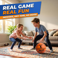 Two kids playing with the Size 3 Silent Basketball in the living room
